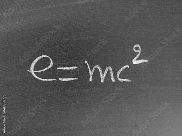 Fototapeta A chalkboard with the equation e=mc^2. An equation showing the relationship between energy, mass, and the speed of light.