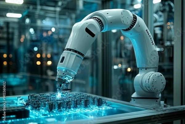Fototapeta Automated robotic arm placing components on a circuit board