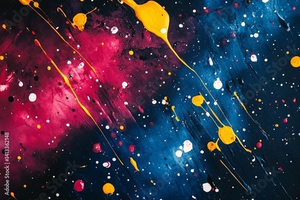 Fototapeta A colorful abstract painting showcasing various paint splatter effects