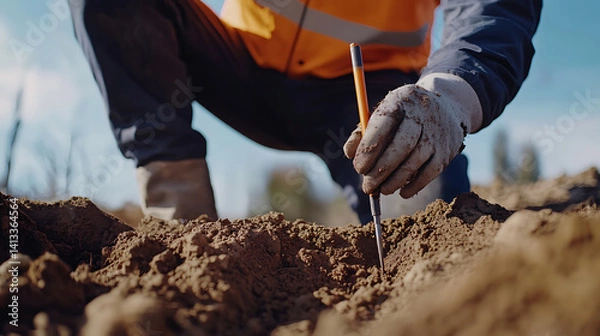 Fototapeta Petroleum engineer analyzing soil core samples at an oil exploration site. Featuring soil core analysis
