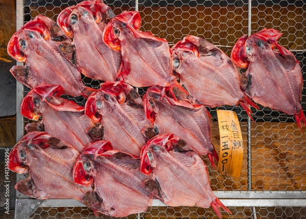 Fototapeta A batch of Japanese splendid alfonsino fish called kinmedai, recognizable by their bright red color, freshly caught and cut in half, drying on a wire rack in the Atami Peace Street shopping arcade.