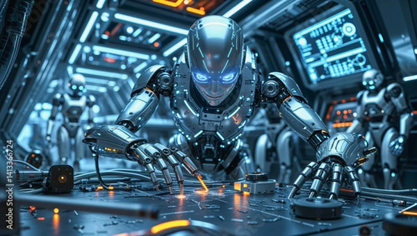 Obraz AI-generated images of a cybertronic humanoid robot working on an intergalactic spaceship