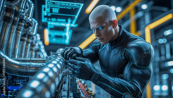 Fototapeta AI-generated images of a cybertronic humanoid robot working on an intergalactic spaceship
