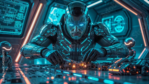 Obraz AI-generated images of a cybertronic humanoid robot working on an intergalactic spaceship