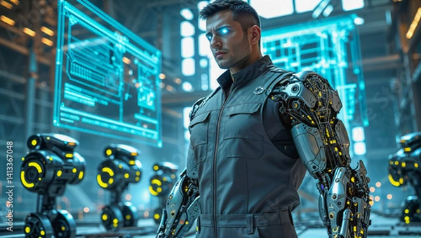Fototapeta AI-generated images of a cybertronic humanoid robot working on an intergalactic spaceship