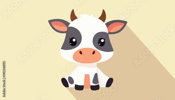 Fototapeta Cute cartoon baby cow sitting front view on light beige background, neutral expression, farm animal character for kids illustrations