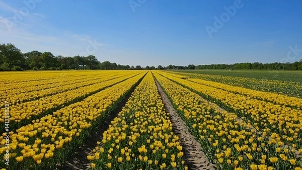 Fototapeta Rows of yellow tulips in a field in the Netherlands on a sunny, blue sky day. Flowers in nature.