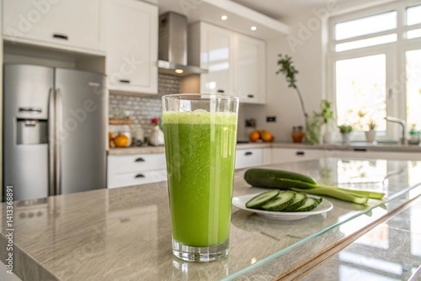 Obraz A big glass of cucumber juice on a clear kitchen - generated by ai