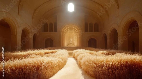 Fototapeta Statue in Wheat Field Inside Building with Arches and Sunlight