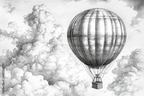 Fototapeta A detailed drawing of a hot air balloon in the cloudy sky