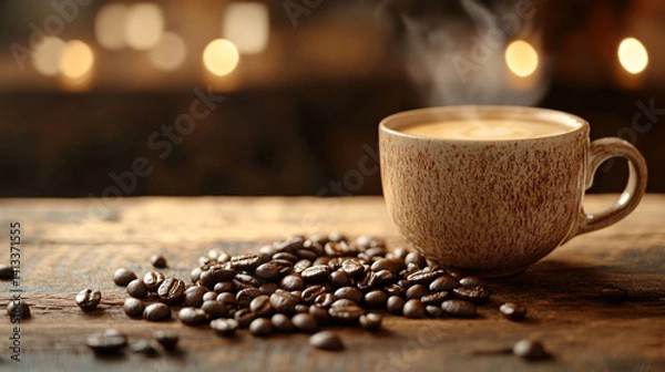 Fototapeta Cup of coffee in ceramic mug on a rustic wooden surface with coffee around