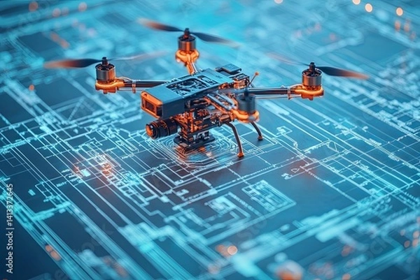 Fototapeta A small drone is resting above a circuit board image