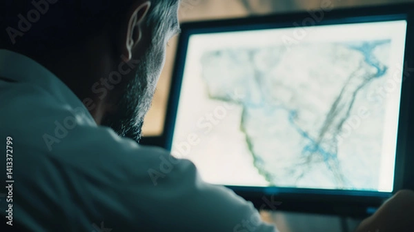 Fototapeta Petroleum engineer reviewing seismic data for potential drilling locations. Featuring seismic analysis