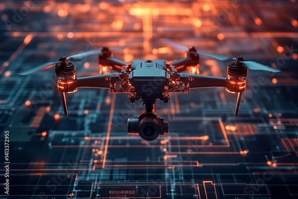 Fototapeta A futuristic drone with camera hovering with technology background