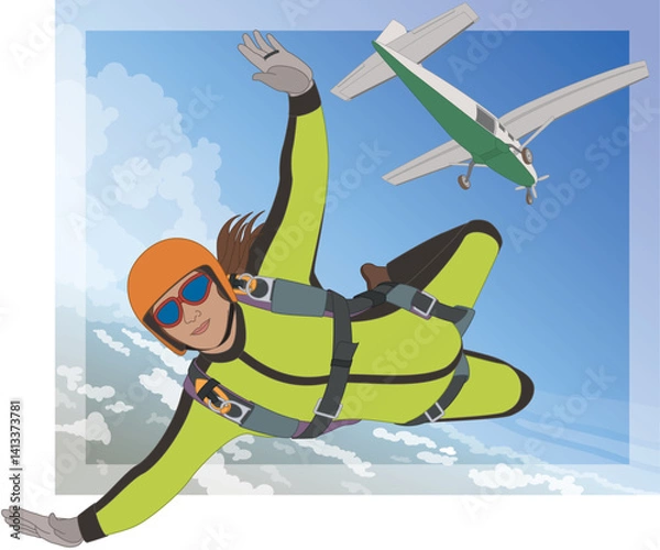 Fototapeta parachuting, skydiving, female skydiver jumping out of an airplane descending rapidly in free-fall, mid-air against the backdrop of blue sky and the ground below