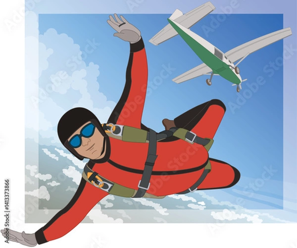 Fototapeta parachuting, skydiving, male skydiver jumping out of an airplane descending rapidly in free-fall, mid-air against the backdrop of blue sky and the ground below