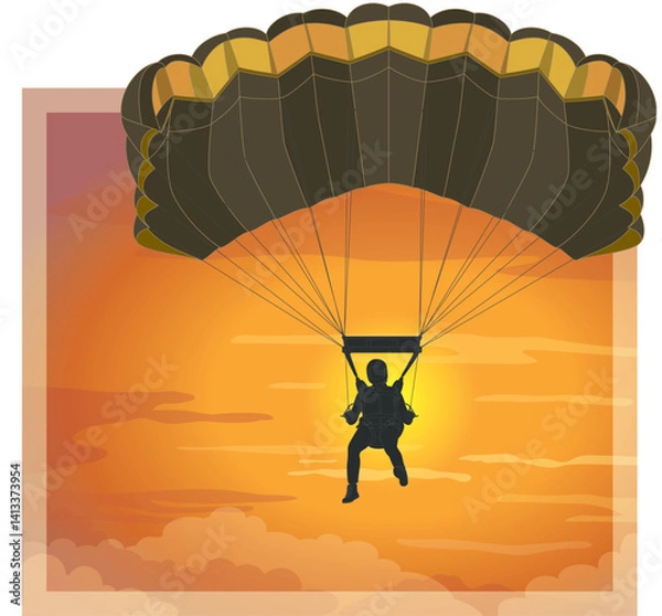 Fototapeta parachuting, skydiving, skydiver silhouette under a ram-air canopy descending in mid-air against the backdrop of a sunset sky