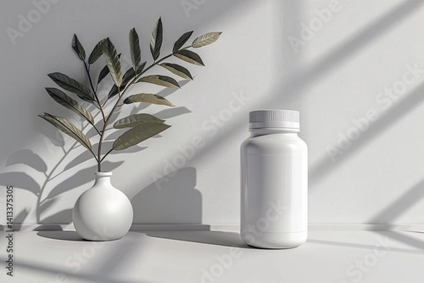 Fototapeta Blank white medical pill bottle with cap mockup and branch of plant in white vase on background with sun shadows. Medicine plastic jar as herbal treatment concept