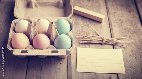 Obraz Colorful Easter eggs in a carton with copy space for notes or invitations for festive gatherings