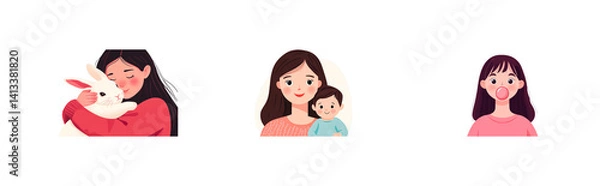 Fototapeta People with pets portraits and bubble gum girl, cut out transparent