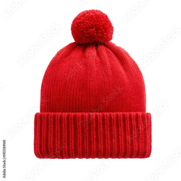 Fototapeta Close up view of a knitted bright red beanie hat with a pom pom on top center