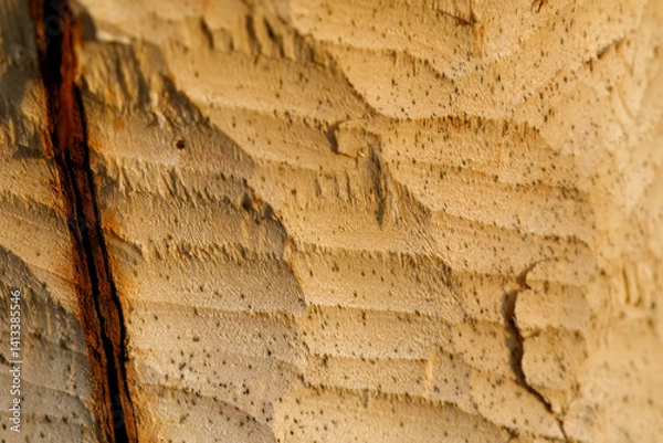 Obraz Beaver tree. Detail of tree trunk felled and twinged by European beaver, Castor fiber. Clearly visible tracks after beaver's teeth. Evidence of beaver's activity. Tree damaged by protected animal.
