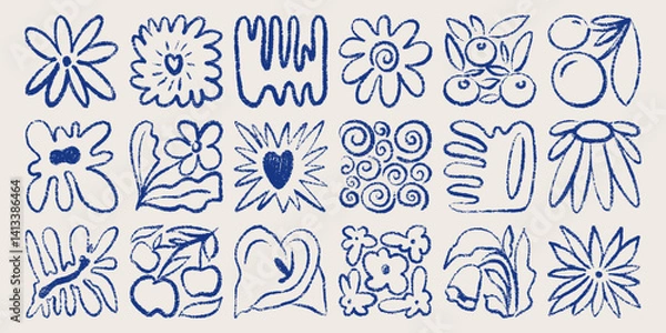Fototapeta Contemporary organic plant shapes collection. Abstract floral minimal forms, geometric botanical blob brush strokes, naive foliage. Vector isolated set