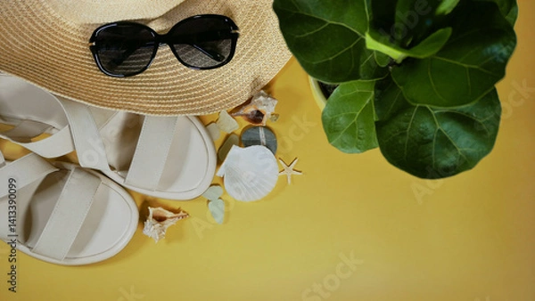 Fototapeta Summer travel vacation mood layout lifestyle spa wellness concept with beach accessories and copy space. Top view flat lay background, including straw hat, sunglasses, sandals, seashells and pebbles