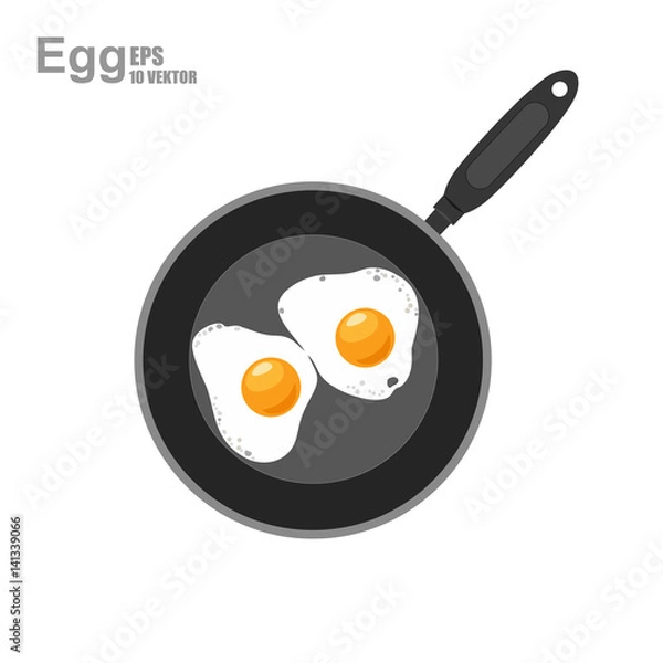 Fototapeta Illustration of two realistic egg on a black frying pan, flat design