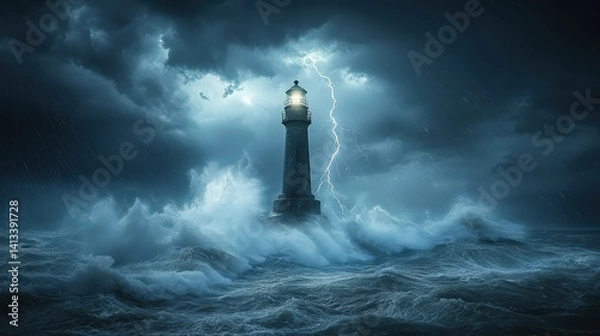 Fototapeta Lighthouse Stands Firm Against Severe Thunderstorm, Winds, and Lightning Over Turbulent Ocean Waters