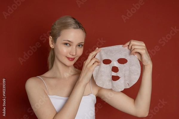 Obraz Young attractive asian woman on red background with moisturizing face mask. Skin care concept, skin care cosmetics for skin moisturizing