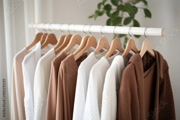 Obraz Wooden hangers with clothes on the rail in the store with clothing for sale. Flea market, second hand, discount, exchange, donation