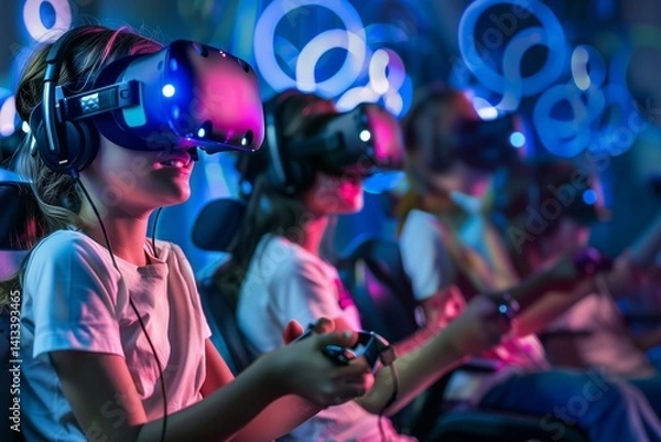 Obraz Children in virtual glasses playing multiplayer computer game in children's entertainment center