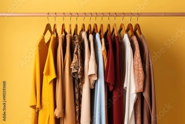 Obraz Wooden hangers with clothes on the rail in the store with women's clothing for sale. Flea market, second hand, discount, exchange, donation
