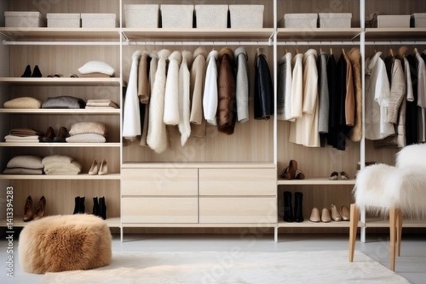 Obraz A beautifully organized wardrobe that showcases a minimalistic design with a range of soothing neutral colors