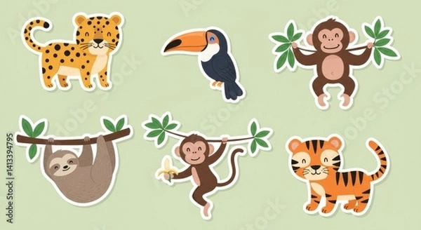 Obraz Cute Animal Stickers for Kids Featuring a Leopard, Monkeys, and a Toucan  