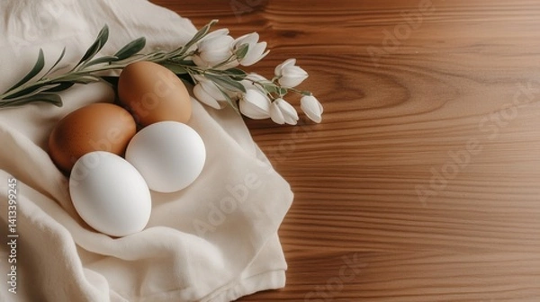 Obraz Pastel Colored Eggs in Rustic Style on Linen and Wood