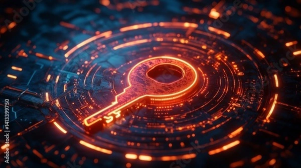 Obraz A digital lock pattern with a glowing key icon and light trails is set against a reflective surface in a futuristic design