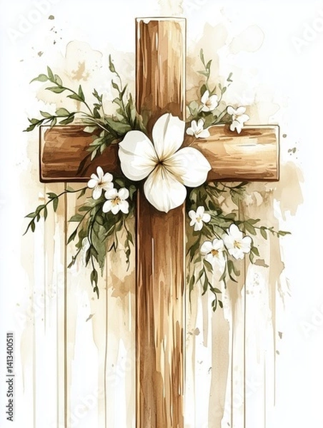 Obraz Christian cross illustration with Jesus figure and green leaves