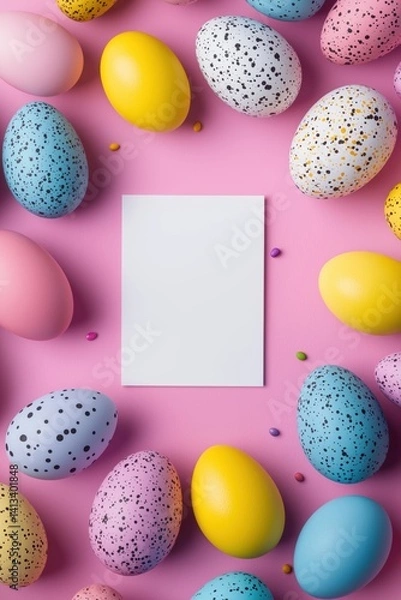 Obraz Colorful Easter eggs and blank greeting card on pink background