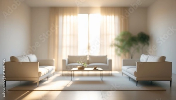 Obraz Calm living space with soft focus, drenched in natural light, showcasing sleek furniture and neutral hues, great for serene backdrops.