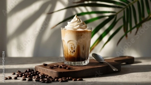 Obraz Chilled coffee served in a glass with froth on a wooden surface alongside coffee beans and morning shadows from branches. Refreshment idea. Front perspective.