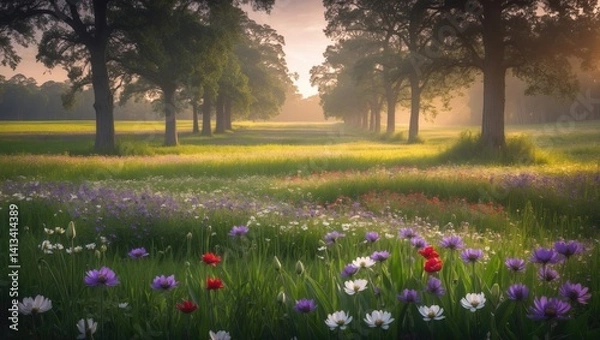 Obraz Springtime in the meadow with vibrant anemones and eucalyptus in the natural reserve