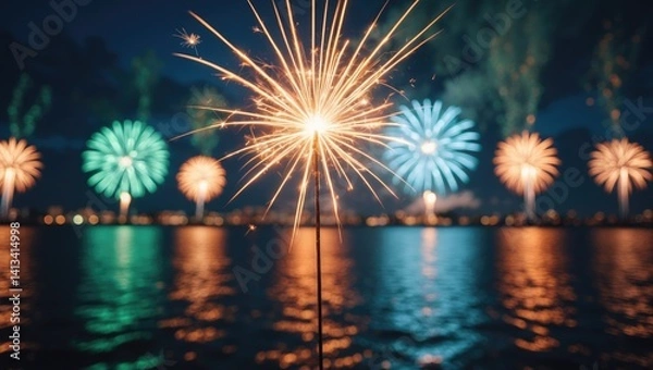 Fototapeta Sparkler illuminating the night sky with blurred fireworks during a celebration