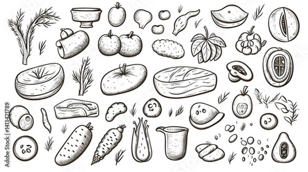Obraz Hand-drawn Food Elements: Collection of Outline Vector Illustrations for Culinary Designs