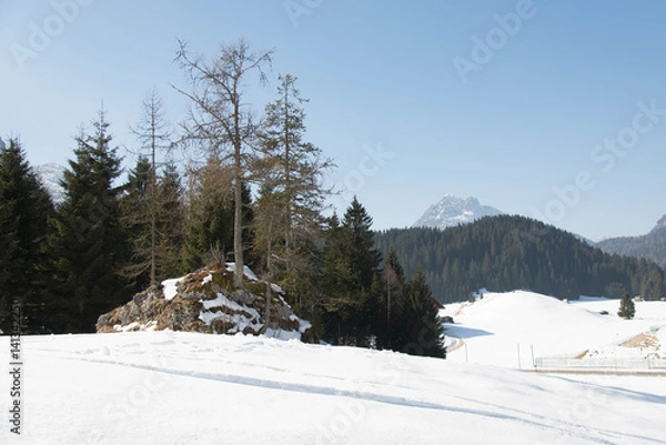 Fototapeta Footprints and tracks in the snow