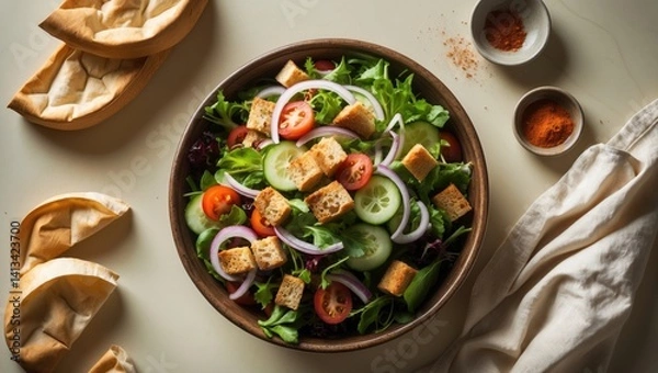 Fototapeta Conventional bread salad including components. Bird's-eye view with room for text.