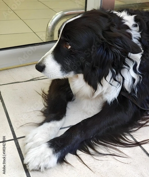 Fototapeta A dog waiting for its owner at the door of an establishment