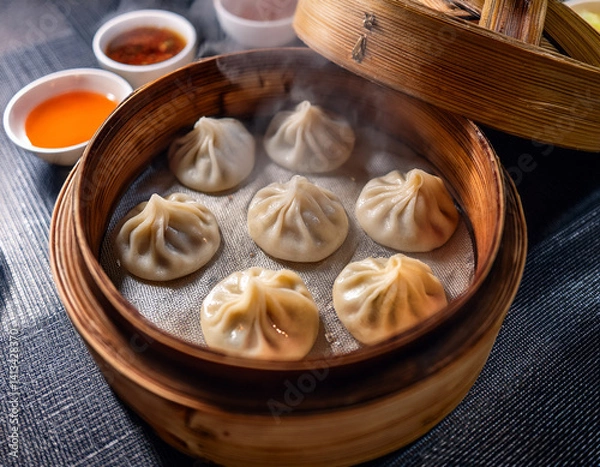 Fototapeta Steaming baskets of delicate Taiwanese Xiaolongbao (soup dumplings) are arranged, showcasing their thin wrappers and savory broth within.