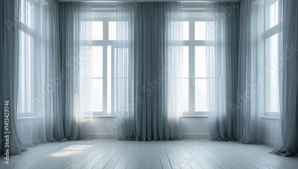 Fototapeta Windows dressed with elegant curtains in a vacant room